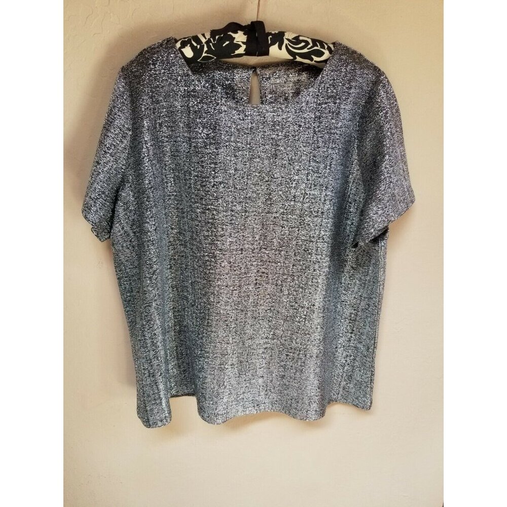 Jessica London Womens Gray Short Sleeves Top Keyhole Neckline Button Silver
